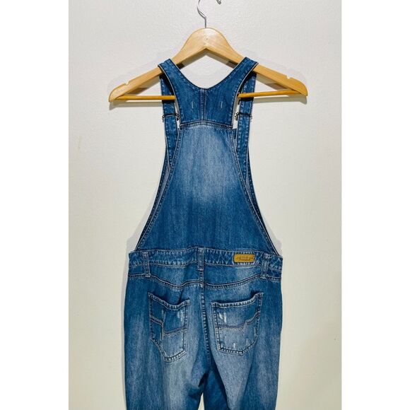 PacifiKa denim overalls romper jeans button fly pockets patched blue women's M - Picture 4 of 8